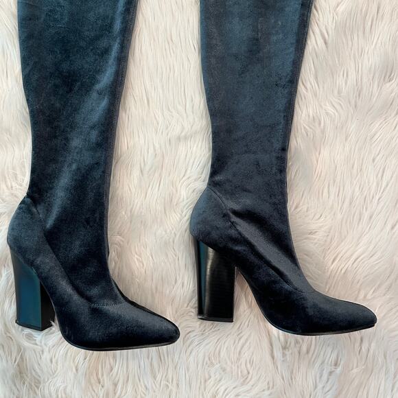 ZARA Over the Knee Boots Stretch Velvet Pointed Toe Block High Heel Blue/ Gray - Picture 9 of 15
